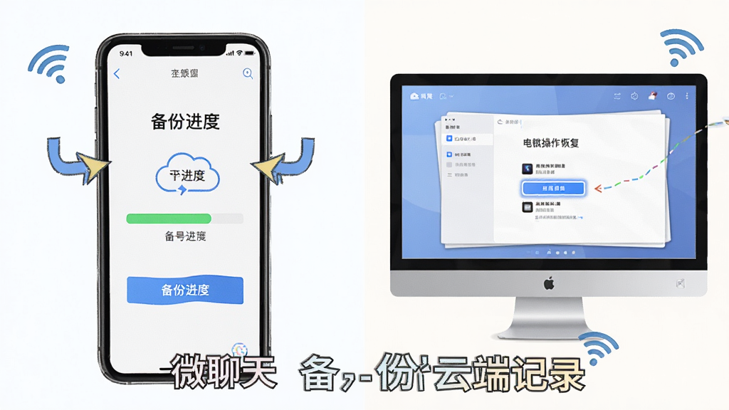 主体为手机与电脑双端操作对比图,布局为左右对照,左侧手机显示备份进度,右侧电脑模拟器显示恢复界面,排版清晰,风格为教程图解插画,细节包括箭头指引、高亮按钮、WiFi信号图标,画质高清干净无多余元素,图片中文字标注“微聊天备份云端记录”。