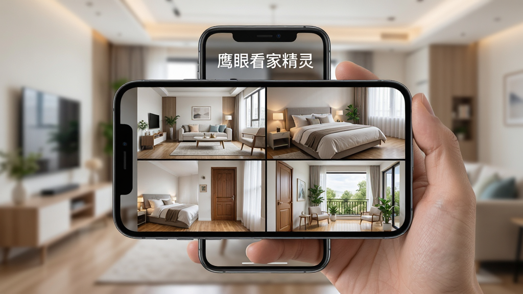 画面主体为一只手握着手机,手机屏幕中显示四个分屏监控画面,分别是客厅、卧室、门口与阳台,背景为虚化的现代家居环境,采用写实风格,色调柔和明亮,排版突出手机屏幕内容,细节丰富,画质干净,无多余元素,手机屏幕上方打文字“鹰眼看家精灵”