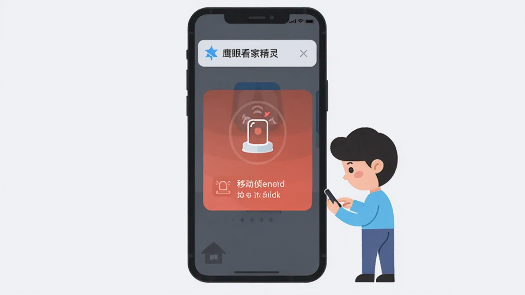 画面中央是一部手机弹出通知提醒界面,通知内容以图标形式表现移动侦测警示,手机旁边站着一个卡通风格的小人正在查看手机,背景为淡灰色,采用扁平化设计风格,排版居中,细节简洁,画质干净,无多余元素,通知栏打文字“鹰眼看家精灵”