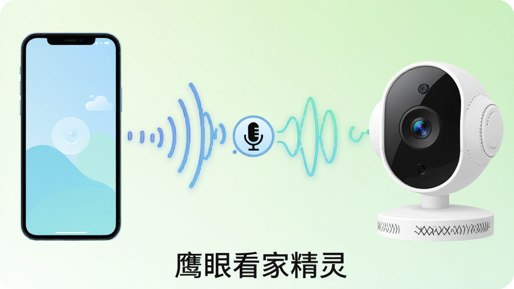 画面左侧为手机,右侧为家用摄像头设备,两者之间用声波线条连接,声波中间有小话筒图标,背景为浅绿色渐变,采用简约插画风格,排版左右对称,细节清晰,画质干净,无多余元素,画面底部打文字“鹰眼看家精灵”
