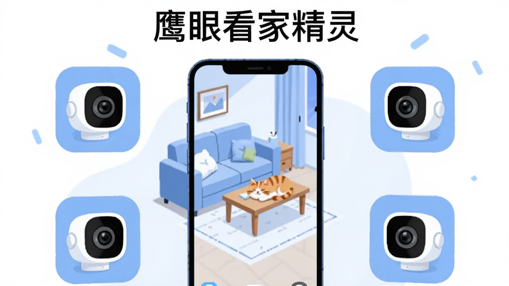 画面中央放置一部智能手机,屏幕显示家庭客厅实时监控画面,画面中有沙发、茶几与一只趴着的猫,手机周围环绕三枚小型家用摄像头图标,整体采用扁平化插画风格,浅蓝与白色为主色调,排版简洁居中,细节清晰,画质干净,无多余元素,图片上方打文字“鹰眼看家精灵”