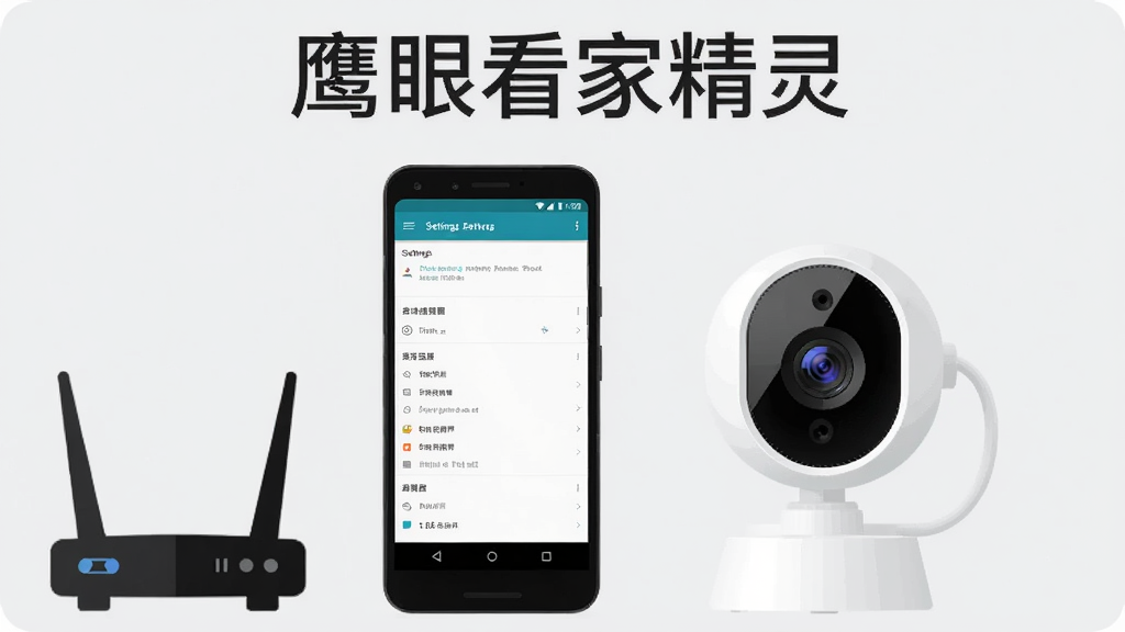 画面中央为一部安卓手机与一台家用摄像头,手机屏幕显示设置界面,摄像头旁边有路由器图标,背景为浅灰色,采用扁平化科技风格,排版简洁,细节清晰,画质干净,无多余元素,画面顶部打文字“鹰眼看家精灵”