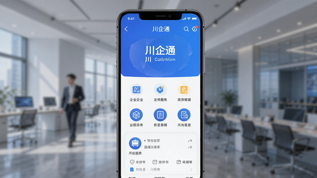 主体为一部智能手机屏幕展示川企通应用界面布局为竖版手机屏幕居中排版风格为现代商务科技感细节包括蓝色主色调界面显示企业服务图标和川企通文字标识画质高清干净无多余元素