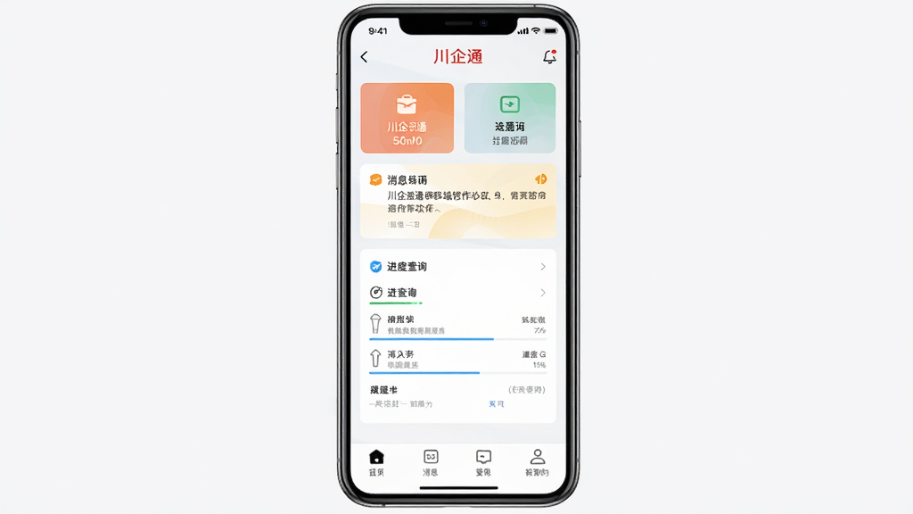 主体为川企通移动端操作界面布局为手机竖屏展示风格为现代移动应用设计细节包括快捷功能入口、消息提醒、进度查询等元素及川企通文字标识画质高清干净无多余元素