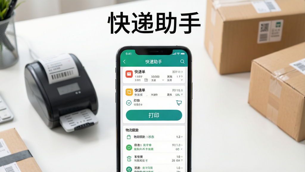 一张展示手机屏幕界面的图片,画面中央是一部现代智能手机,屏幕上显示着快递助手的应用主界面,界面中包含快递单列表、打印按钮和物流跟踪状态,背景是整洁的办公桌面,桌面上放着一台小型热敏打印机和几个快递包裹,整体风格简洁明亮,细节清晰,画质高清,干净无多余元素,图片上方有文字