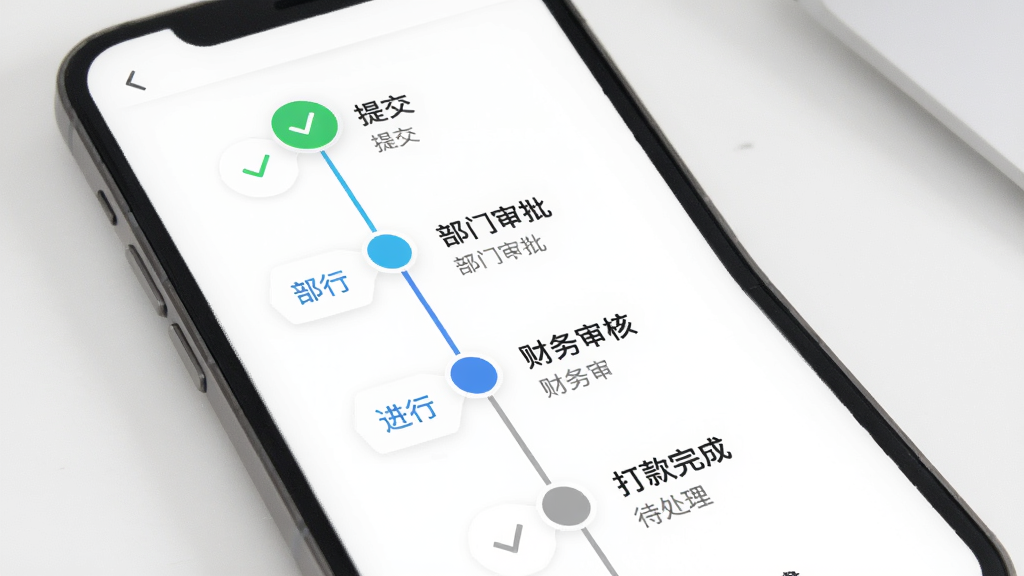 每刻报销审批进度跟踪界面图,主体为手机屏幕显示审批时间轴,布局为纵向时间线,包含提交、部门审批、财务审核、打款完成四个节点,风格为简约商务,细节有绿色完成勾、蓝色进行中圆点、灰色待处理节点,画面干净,画质清晰
