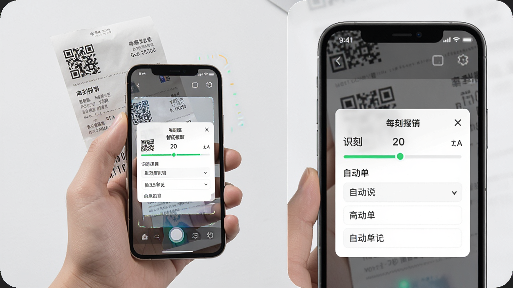 每刻报销智能识票功能演示图,主体为一只手拿手机对着纸质发票扫描,手机屏幕显示每刻报销识别结果弹窗,布局为左侧纸质发票、右侧手机屏幕放大展示,风格为写实科技感,细节包含发票上的二维码、识别进度条、自动填单字段,画面干净,画质清晰,无多余装饰