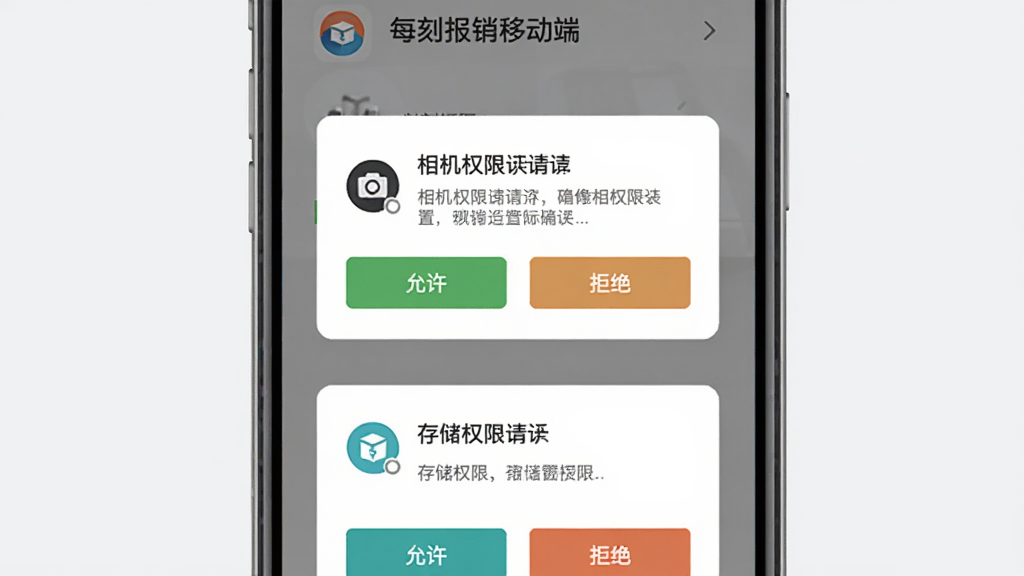 每刻报销移动端安装与权限设置示意图,主体为手机屏幕显示权限授权弹窗,布局为上下结构,上方是相机权限请求,下方是存储权限请求,风格为扁平化UI示意,细节包含允许和拒绝按钮、每刻报销图标、浅灰背景,画面干净,画质清晰