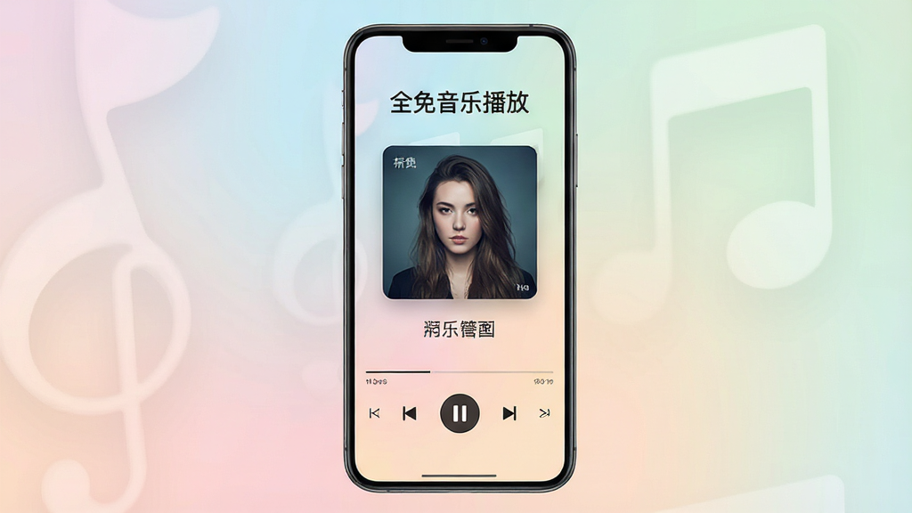 一张展示全免音乐播放软件主界面的手机屏幕截图,画面中央是简洁的音乐播放器界面,顶部显示