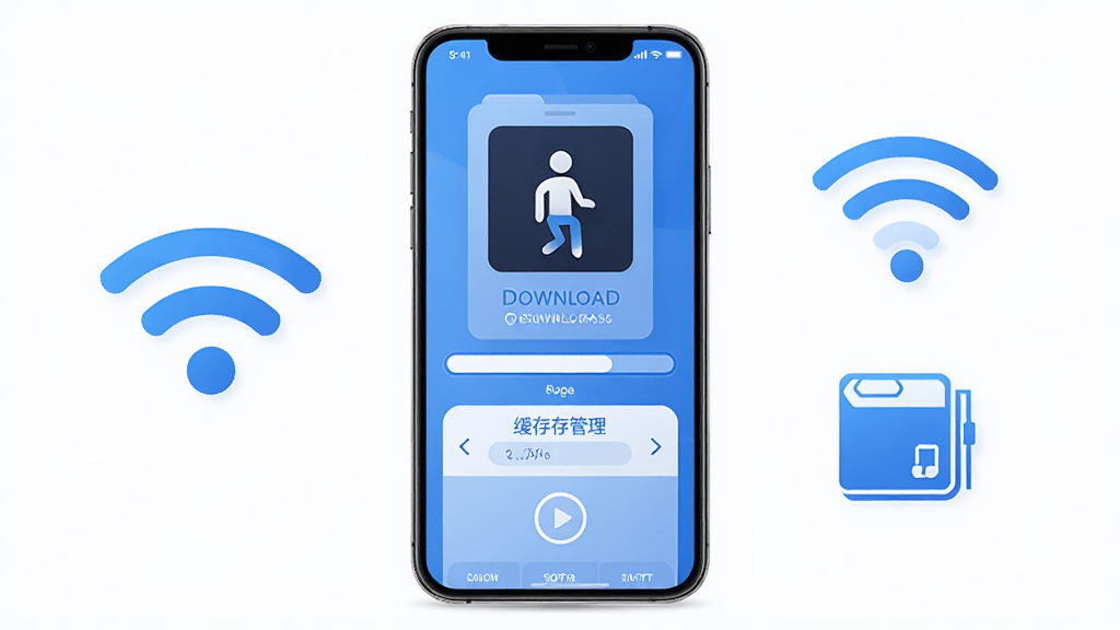 全免音乐播放软件功能示意图,画面展示一部智能手机正在下载音乐文件,屏幕上有下载进度条和缓存管理界面,旁边有WiFi信号图标和存储空间图标,整体风格科技感十足,色调以蓝色和白色为主,画面干净整洁,画质高清
