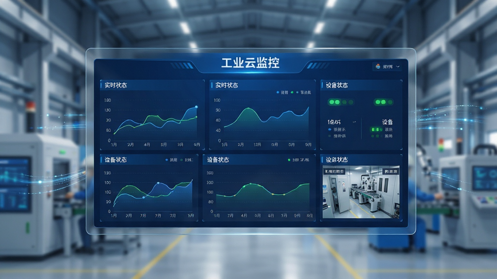工业云监控软件主界面展示,画面中央是一块悬浮的深蓝色数据看板,看板上排列着实时曲线图、设备状态指示灯和摄像头预览窗口,背景是虚化的现代化工厂车间,整体采用科技蓝与银灰色调,布局简洁清晰,风格为扁平化科技风,细节包括数据流动的光效和半透明的玻璃质感面板,画面干净无多余元素,高清画质,文字标注“工业云监控”