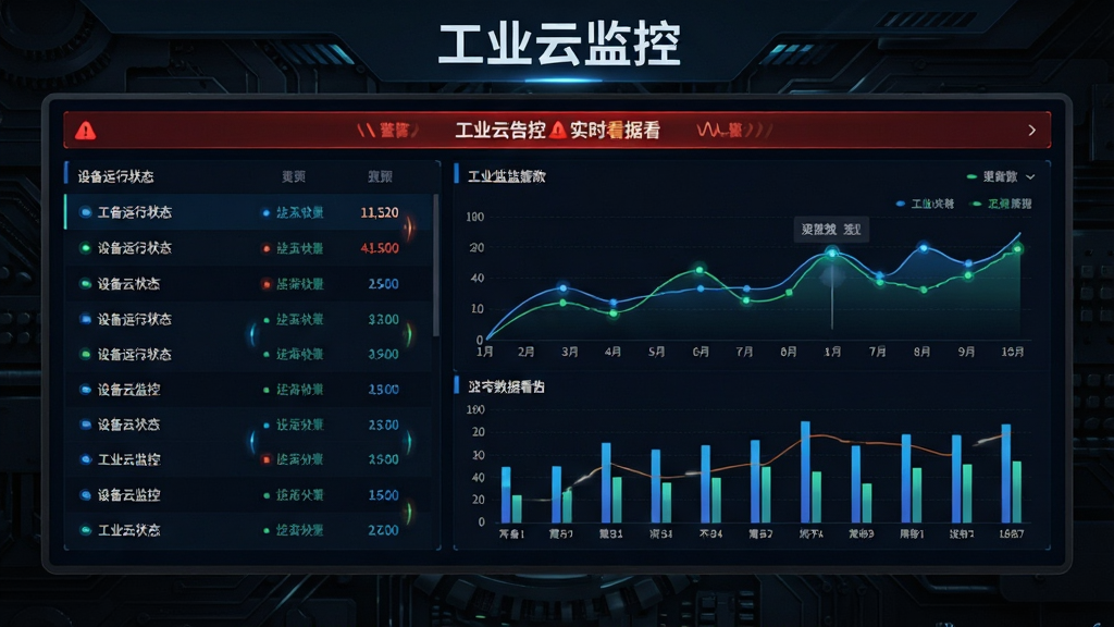 工业云监控实时数据看板界面,主体是一块横向宽屏仪表盘,左侧为设备运行状态列表,右侧为折线图和柱状图组合展示,顶部有醒目的红色告警提示条,背景为深色科技纹理,风格简洁专业,细节包括发光的数据节点和动态刷新动画,画面干净,高清画质,屏幕上方显示“工业云监控”字样