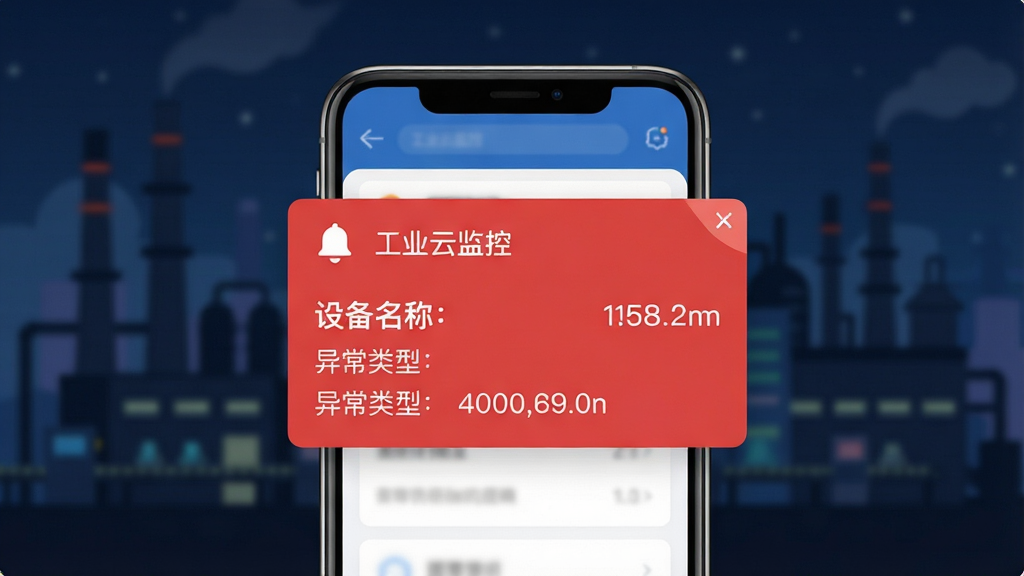 工业云监控智能告警推送界面,画面中央是一部智能手机,屏幕上弹出红色告警卡片,卡片内包含设备名称、异常类型和数值快照,背景是工厂夜景的虚化轮廓,风格为现代扁平化,细节包括告警铃铛图标和未读角标,画面干净,高清画质,卡片上标注“工业云监控”