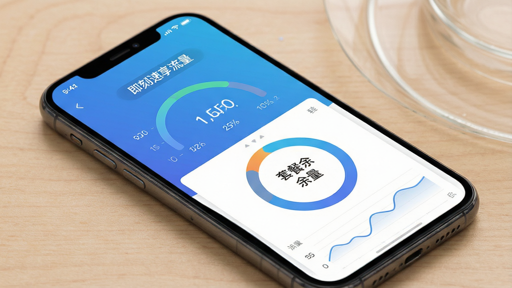 一张展示“即刻速享流量”手机应用主界面的图片,主体为一部现代智能手机,屏幕显示流量监控仪表盘和套餐余量环形图,布局居中,排版简洁,风格为扁平化科技风,细节包括蓝色渐变背景、清晰的数据图表和“即刻速享流量”文字标识,画质高清,干净,无多余元素。