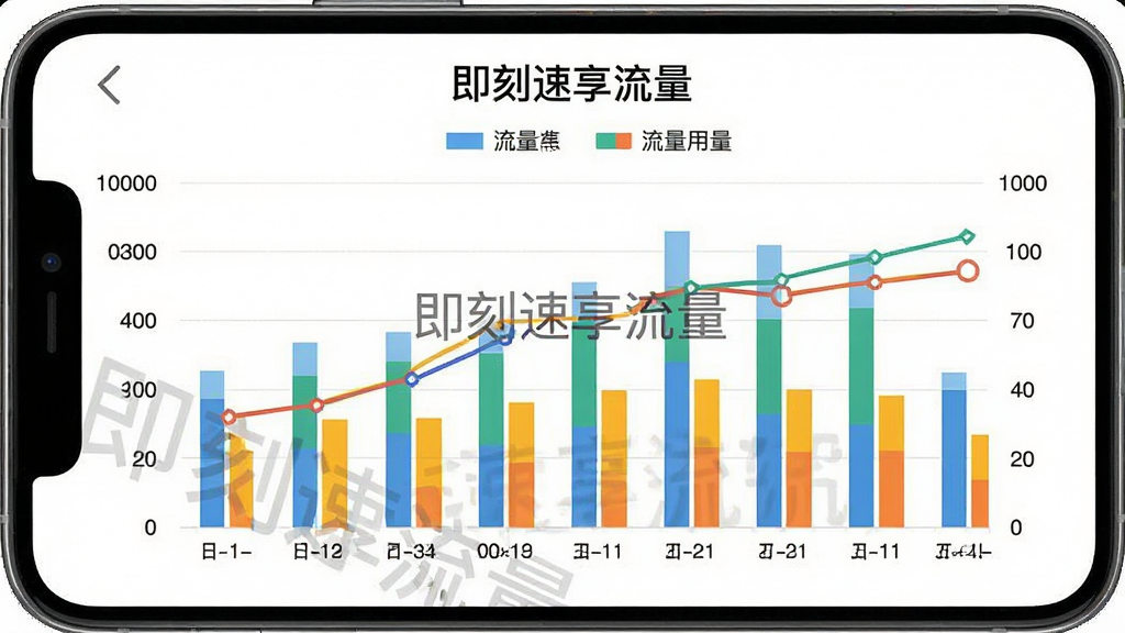 一张“即刻速享流量”历史用量统计报表的手机截图,画面中央为彩色柱状图和折线图,横轴为日期纵轴为流量数值,布局居中,风格为极简数据可视化,细节包含图例和“即刻速享流量”水印标识,画质高清,干净,无多余元素。