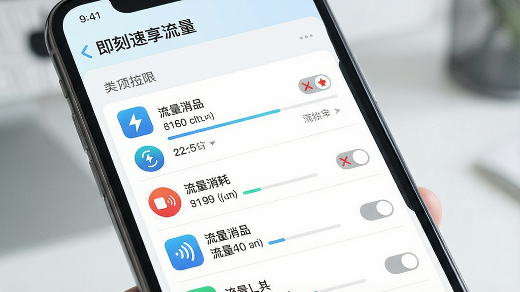 一张展示“即刻速享流量”应用联网权限管理页面的图片,主体为手机屏幕,列表中排列着多个应用图标和对应的流量消耗数字,部分应用右侧有禁用开关,布局为垂直列表,风格为清新浅色商务风,细节包含进度条和分类标签,画质高清,干净,无多余元素。