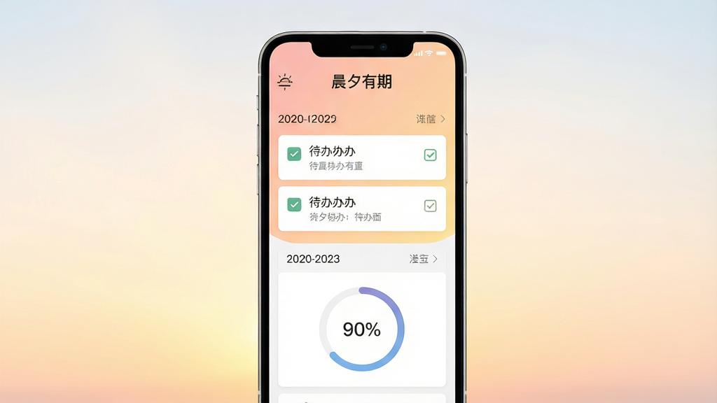 一张展示“晨夕有期”手机应用主界面的产品预览图,画面中央是一部现代智能手机,屏幕显示清爽的日程列表界面,顶部有“晨夕有期”应用名称,背景是柔和的晨光渐变色调,包含待办事项卡片和圆形时间进度条,整体布局简洁居中,风格为扁平化UI设计,细节包括图标、复选框和日期标签,画质高清,干净,无多余元素