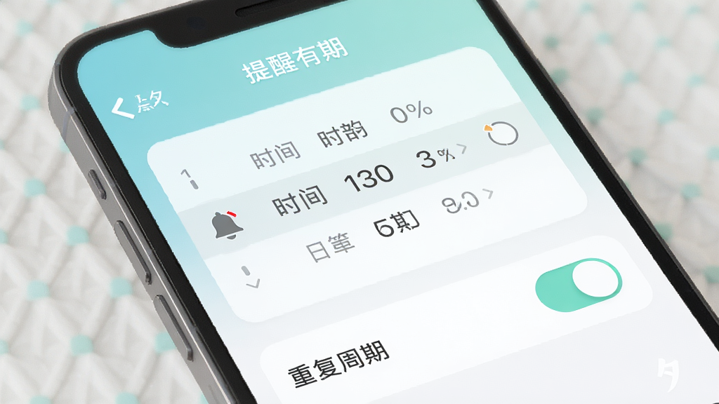 一张展示“晨夕有期”智能提醒功能界面的AI生成图,画面主体是手机屏幕特写,屏幕中显示提醒设置面板,包含时间选择器和重复周期选项,布局为上下结构,风格为清新浅色系UI,细节有铃铛图标和开关按钮,画质清晰,干净,无多余元素