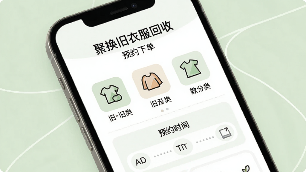 手机屏幕特写,显示“聚换旧衣服回收”预约下单页面,有旧衣服分类图标和预约时间选择器,背景是柔和的浅绿色调,画面干净整洁,画质清晰,风格简约现代,无多余元素