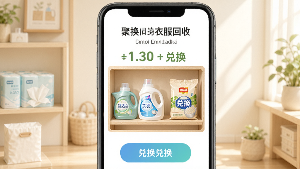 手机屏幕上展示“聚换旧衣服回收”的积分商城页面,货架上摆放着纸巾、洗衣液、大米等兑换商品,旁边有积分数字和兑换按钮,背景温馨明亮,风格清新,画质干净,无多余元素