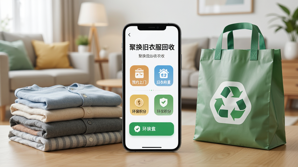 画面中央是一部智能手机,屏幕上显示着“聚换旧衣服回收”应用的主界面,界面中有预约上门、旧衣称重、环保积分等图标按钮,手机旁边整齐叠放着几件旧衣服和一个环保回收袋,背景是明亮的居家客厅环境,整体风格清新写实,细节丰富,画质干净清晰,无多余元素