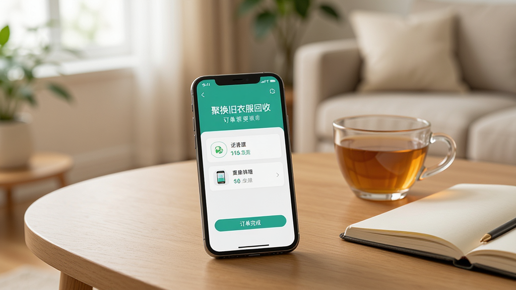 一部手机放在桌面上,屏幕显示“聚换旧衣服回收”的订单完成页面,旁边有一杯茶和一本笔记本,背景是温馨的家居环境,画面风格清新自然,画质干净清晰,无多余元素