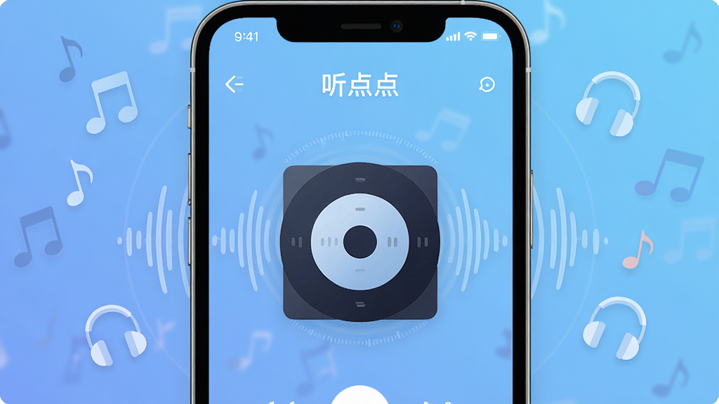 画面中央是一部智能手机,屏幕上显示着名为“听点点”的音频播放界面,界面中央有一个圆形专辑封面,周围环绕着声波纹理。背景是柔和的渐变蓝色,点缀着漂浮的音符和耳机图标。整体布局简洁,采用扁平化设计风格,细节清晰,画质明亮干净,无多余元素,4K分辨率。