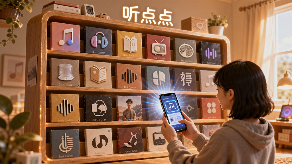 画面展示“听点点”海量音频库的概念图。一个巨大的虚拟书架,上面摆满了各种类型的音频专辑,有音乐、书籍、电台等不同标识。书架前有一个用户正在用手机扫描,手机屏幕发出光芒照亮书架。风格温暖明亮,细节丰富,画质高清。