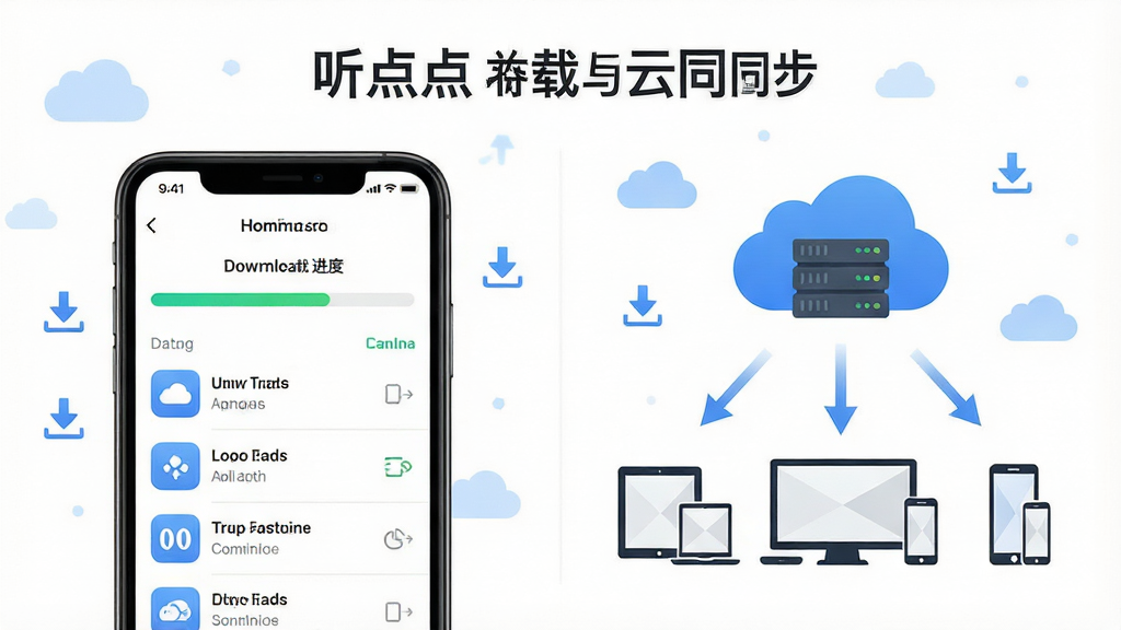 一张展示“听点点”离线下载与云同步功能的图片。画面分为两半,左边是手机下载进度条和已下载列表,右边是云端服务器图标与多设备同步的箭头。背景是干净的白色,点缀着云朵和下载符号。风格清新,画质干净,无多余元素。