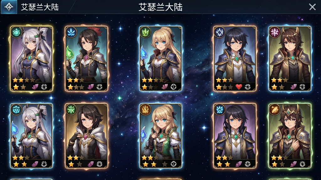 一张角色养成界面的生图,主体是“艾瑟兰大陆”中的多位角色卡牌排列在星空背景上,布局为网格状展示,排版上每张卡牌下方有星级与属性图标,风格为二次元卡牌养成界面,细节包含角色立绘、元素符号和光效边框,画质高清、干净、无多余元素