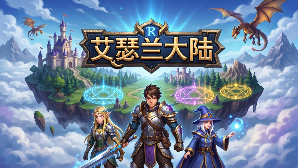 一幅奇幻风格的游戏主视觉图,画面中央是“艾瑟兰大陆”的游戏logo,背景是漂浮在云海之上的魔法大陆,有城堡、森林、飞龙和发光的魔法阵,前景站着一位手持长剑的冒险者,身边跟随精灵与法师伙伴,整体色调为蓝紫与金色交织,布局采用中心构图,风格为二次元奇幻插画,细节包含盔甲纹理、魔法光效和远景山脉,画质高清、干净、无多余元素