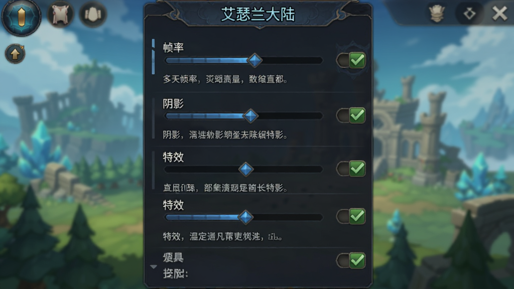 一张手机游戏设置界面的生图,主体是“艾瑟兰大陆”的画质调节面板,布局为竖向列表,排版上包含帧率、阴影、特效等选项开关,风格为二次元游戏UI界面,细节包含滑动条、勾选框和说明文字,画质高清、干净、无多余元素