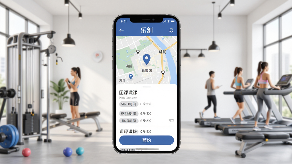 乐刻运动门店预约功能展示,画面中央为手机屏幕显示附近门店地图与团课列表,周围环绕健身房场景元素,风格简洁明快,细节包括定位图标、课程时间标签和预约按钮,画质清晰,干净,无多余元素