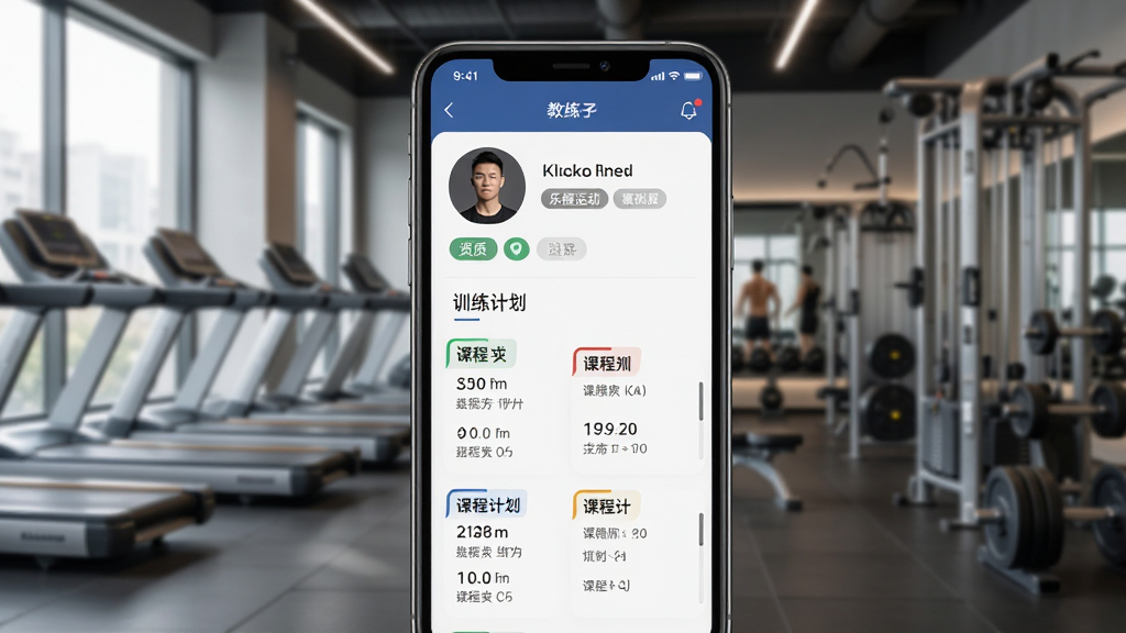 乐刻运动私人教练功能展示,画面为手机屏幕显示教练个人主页与训练计划表,背景为健身房环境,风格专业可信,细节包括教练头像、资质标签和课程安排,画质清晰,干净,无多余元素