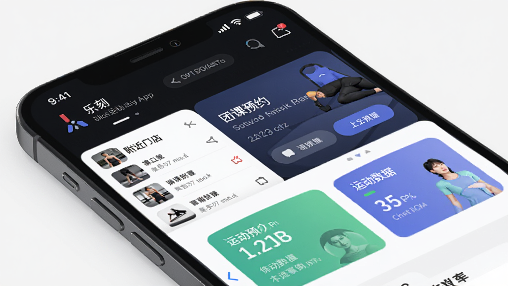 乐刻运动健身app界面展示,主体为一部智能手机屏幕,屏幕中显示乐刻运动应用首页,包含附近门店列表、团课预约入口和运动数据卡片,布局清晰,排版整齐,风格现代简约,细节包括图标、按钮和文字信息,画质高清,干净,无多余元素