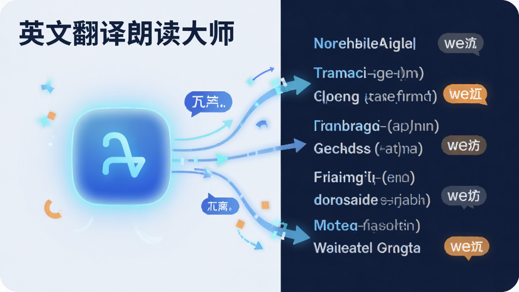 软件名称“英文翻译朗读大师”出现在画面左上角,主体是一个发光的翻译引擎图标与中英文对照的文字流,布局为左右分栏,排版整齐,风格为扁平化科技感,细节包括翻译箭头、语言标签和流畅的动画线条,画质清晰,干净,无多余元素