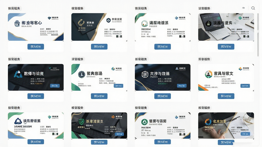 名片制作专家模板库界面,主体为整齐排列的名片模板缩略图,布局为网格状展示,排版疏密有致,风格为清新商务,细节包含不同行业名片样式、分类标签、预览按钮,画质清晰,干净,无多余元素