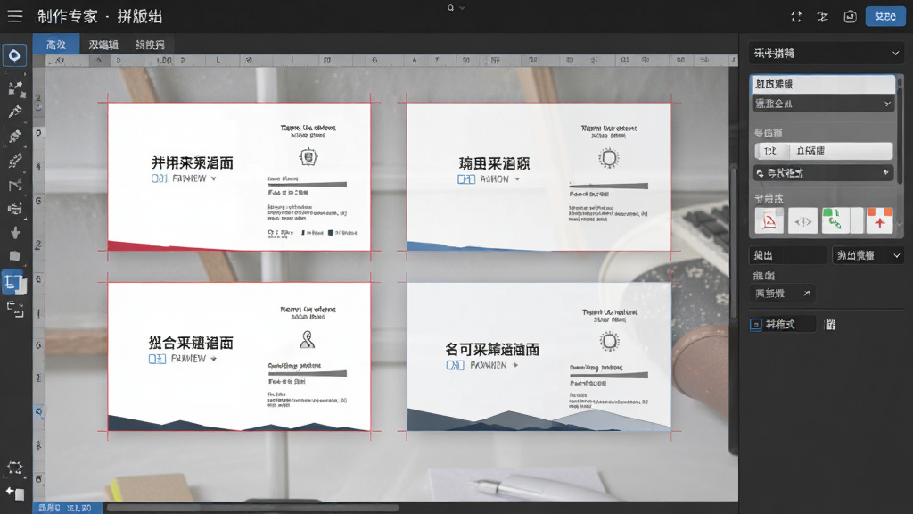 名片制作专家双面编辑与拼版输出界面,主体为名片正反面并排显示,布局为上下分栏,排版工整,风格为高效办公风,细节包含拼版预览、出血线标记、导出格式选项,画质高清,干净,无多余元素