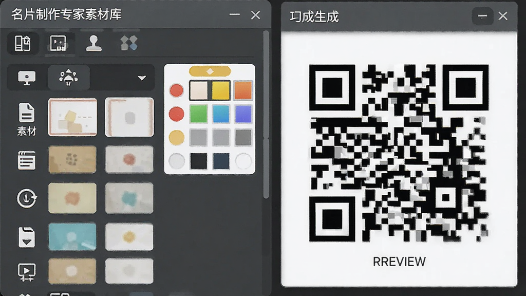名片制作专家素材库与二维码功能界面,主体为素材面板与二维码生成窗口,布局为左右分栏,排版紧凑,风格为实用工具风,细节包含图标分类、颜色选择器、二维码预览,画质清晰,干净,无多余元素