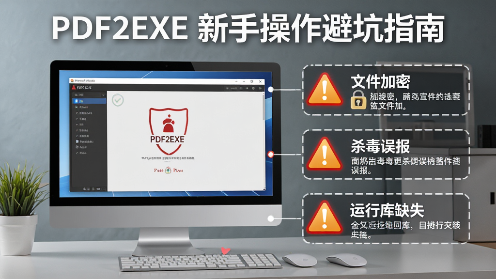 一张展示 PDF2EXE 新手操作避坑指南的示意图,画面中一台电脑屏幕上显示 PDF2EXE 软件界面,旁边有警告图标和提示框,提示内容包括文件加密、杀毒误报、运行库缺失等常见问题,背景为简洁的办公环境,风格为信息图风格,细节清晰,画质干净,无多余元素