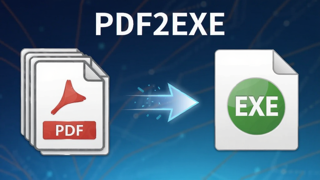 一张展示 PDF2EXE 将 PDF 文档转换为 EXE 可执行文件的示意图,画面左侧是一叠 PDF 文档图标,右侧是一个带有 EXE 标识的独立程序图标,中间用光效箭头连接,背景为深蓝色渐变科技风格,画面中带有