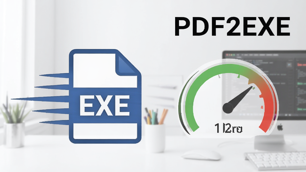 一张展示 PDF2EXE 转换后 EXE 文件轻量化运行的示意图,画面中一个简洁的 EXE 文件图标正在快速打开,旁边有速度线和性能仪表盘显示低资源占用,背景为清爽的浅色办公环境,画面中带有