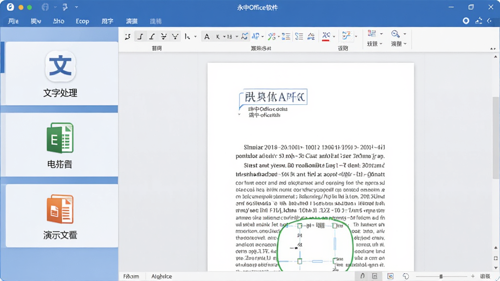 永中Office软件界面展示图,画面主体是永中Office的三合一集成界面,左侧导航栏清晰显示文字处理、电子表格、演示文稿三个模块图标,右侧主工作区展示一份打开的文档,界面风格简洁现代,配色以蓝色和白色为主,整体布局干净整齐,画质清晰,无多余元素。