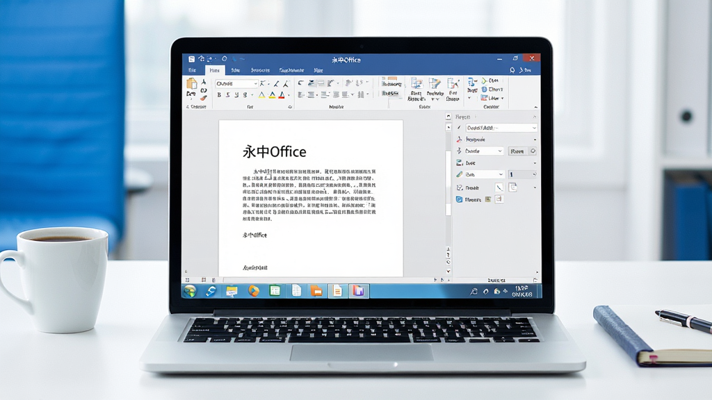 一张展现永中Office软件全貌的场景图,画面中央是一台打开的笔记本电脑,屏幕上显示永中Office的文字处理界面,左侧是文档编辑区,右侧是工具栏,屏幕下方任务栏显示电子表格和演示文稿的图标。画面采用明亮简洁的现代办公风格,背景是整洁的书桌,桌上放着一杯咖啡和一本笔记本。整体色调以蓝白为主,细节清晰,画质干净,无多余元素,分辨率1080P。