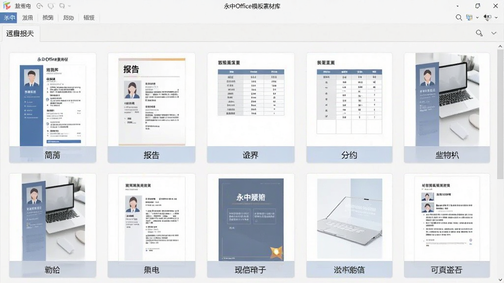 永中Office模板素材库界面图,画面展示软件内置的模板选择页面,网格状排列着各类文档模板缩略图,包括简历、报告、表格、幻灯片等,每个模板都有简洁的预览图和名称标签,界面风格清爽整齐,配色柔和,画质清晰,无多余元素。