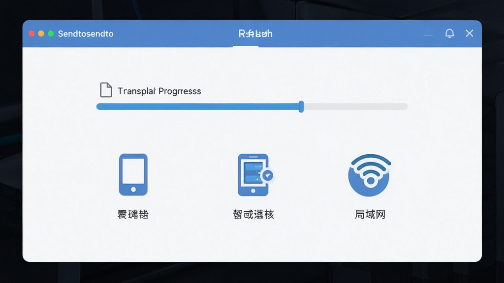 主体为Sendtosendto软件界面展示,布局采用居中对称式排版,风格为现代简约科技风,细节包括文件传输进度条、设备连接图标、局域网信号标识,画质高清干净无多余元素