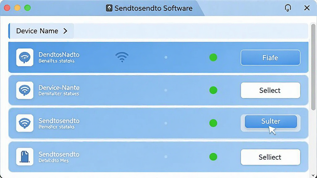主体为Sendtosendto软件自动发现设备的界面截图,布局采用列表式排列,风格为清爽简洁的UI设计风,细节包括设备名称列表、在线状态指示灯、文件选择按钮,画质高清干净无多余元素