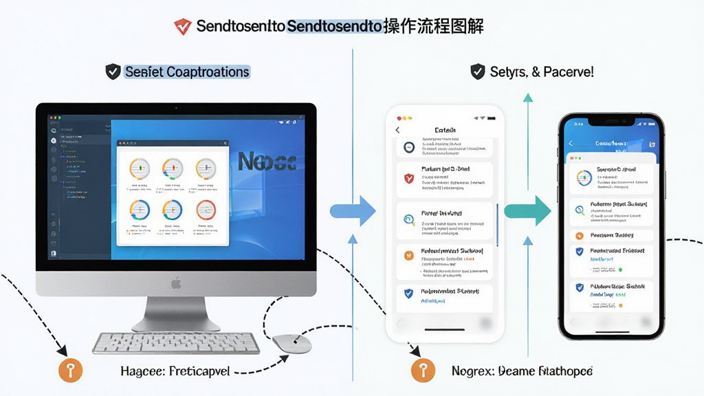 主体为Sendtosendto软件操作流程图解,布局采用左右分栏对比排版,风格为信息图表风,细节包括电脑端和手机端操作步骤标注、箭头引导线、注意事项图标,画质高清干净无多余元素
