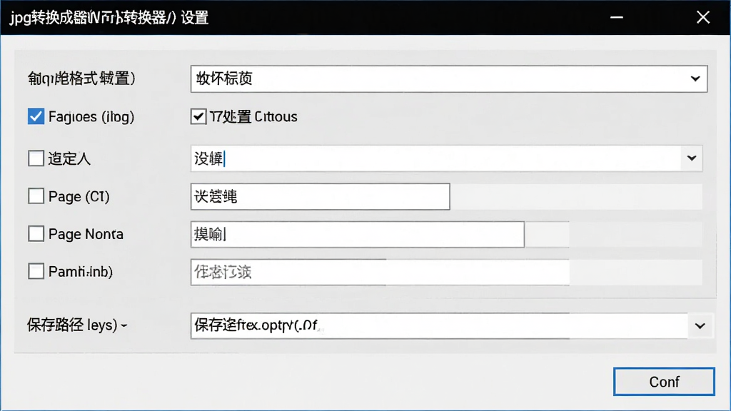 一张展示jpg转换成word转换器输出设置界面的图片,主体为软件参数配置面板,包含输出格式下拉菜单、页面设置选项、保存路径选择框,布局为表单式排列,排版清晰,风格为实用工具类界面,细节包括选项按钮、输入框、确认按钮,画质高清,干净,无多余元素