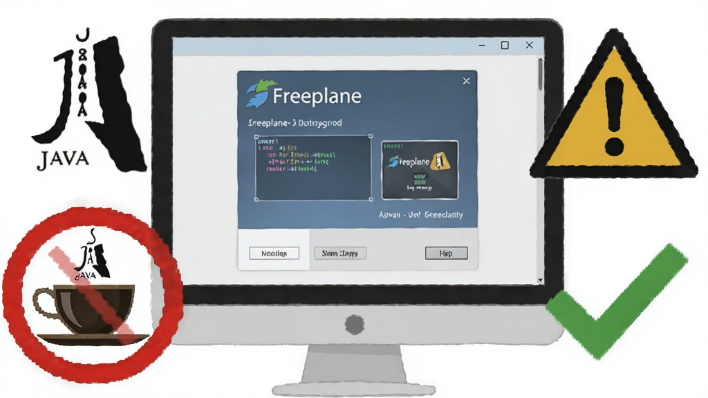 一幅表现 Freeplane 新手安装与避坑指南的插画,主体是一台电脑屏幕显示安装向导界面,旁边有 Java 图标和警告标志,布局为左右分栏,风格为扁平化教程插画,细节包括“Freeplane”安装界面、Java 咖啡杯图标、红色禁止符号和绿色对勾,画质清晰干净,无多余元素
